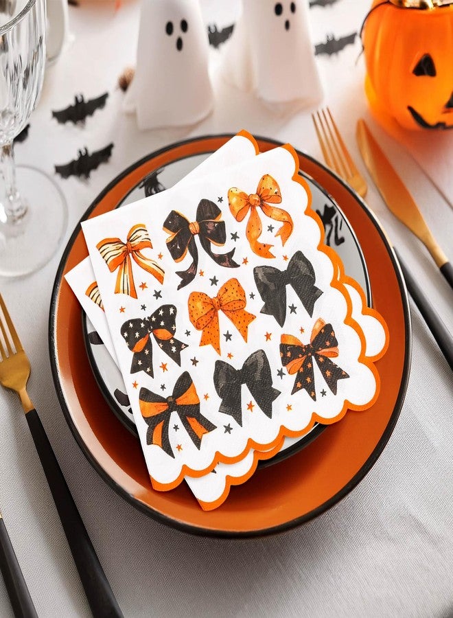 Whaline 50 Pcs Halloween Bow Paper Napkins Black Orange Bowknot Scalloped Disposable Napkins Luncheon Dinner Napkin for Birthday Trick or Treat Party Table Supplies - Image 4